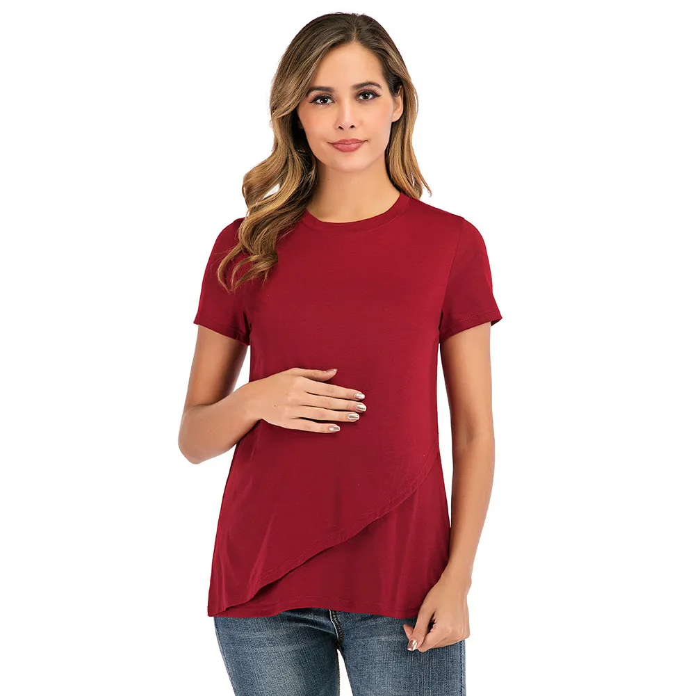 Pregnant Women Solid Color Round Neck Short-Sleeve Breastfeeding T-Shirt