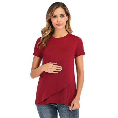 Pregnant Women Solid Color Round Neck Short-Sleeve Breastfeeding T-Shirt