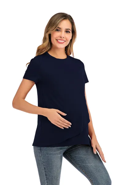 Pregnant Women Solid Color Round Neck Short-Sleeve Breastfeeding T-Shirt