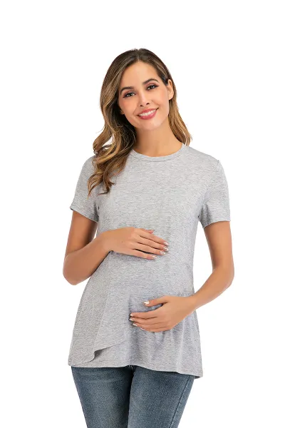 Pregnant Women Solid Color Round Neck Short-Sleeve Breastfeeding T-Shirt
