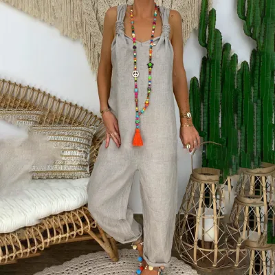 Women Casual Solid Color Linen Sleeveless Backless Loose Jumpsuits