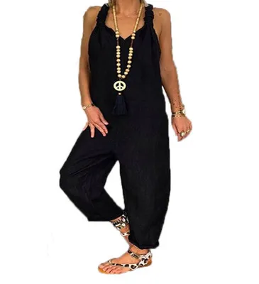Women Casual Solid Color Linen Sleeveless Backless Loose Jumpsuits