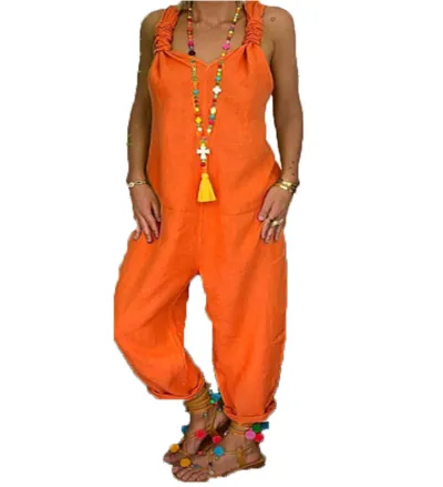 Women Casual Solid Color Linen Sleeveless Backless Loose Jumpsuits