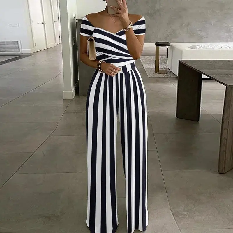 Women Casual Elegant Printed Off-Shoulder High Waist Loose Jumpsuits