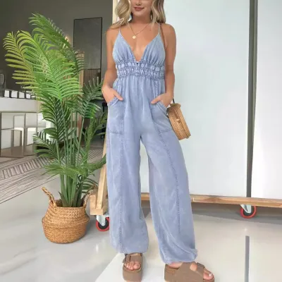 Women Fashion Casual Solid Color Loose V-Neck Spaghetti Strap Wide Leg Jumpsuits
