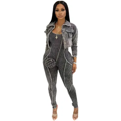 Women Fashion Casual Lapel Long-Sleeve Jacket Threaded Tight Jumpsuits Two-Piece Set