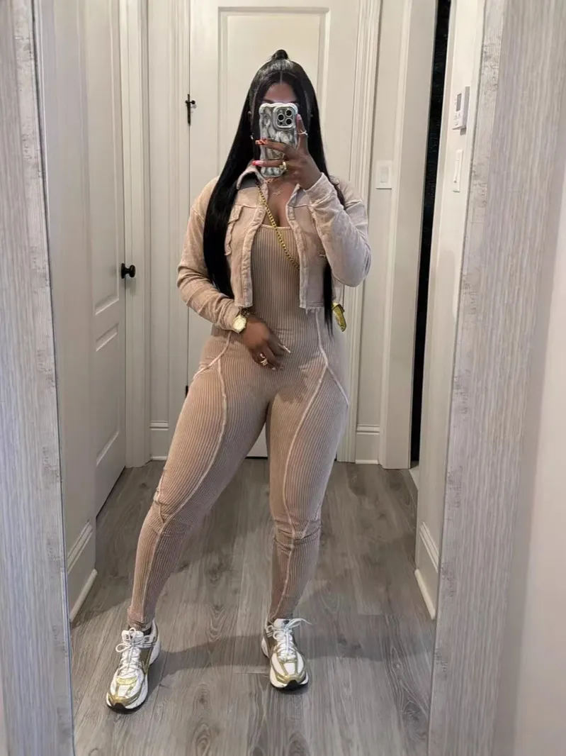 Women Fashion Casual Lapel Long-Sleeve Jacket Threaded Tight Jumpsuits Two-Piece Set
