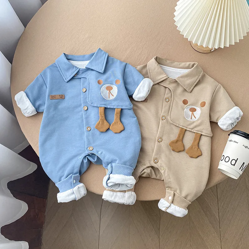 Baby Boy Long Sleeve Handsome Cartoon Bear Rompers - Soft Cotton Single-Breasted Romper