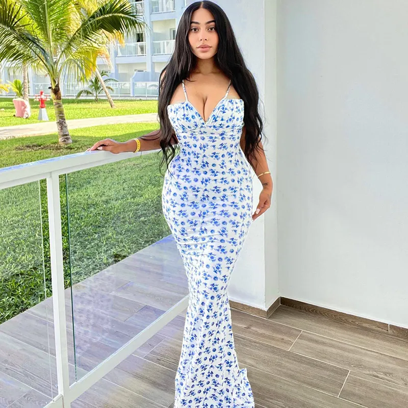 Women Fashion Sexy Floral Printed Spaghetti Strap Lace-Up Slim Fit Long Dress