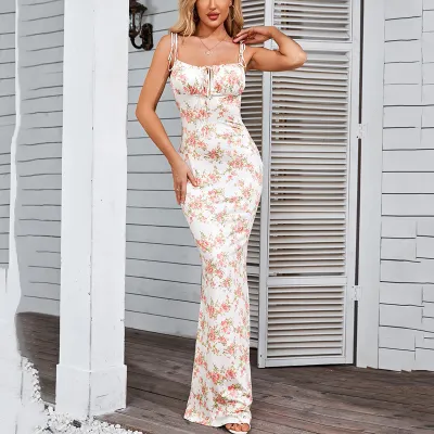 Women Fashion Sexy Floral Printed Spaghetti Strap Backless Lace-Up Slim Fit Long Dress