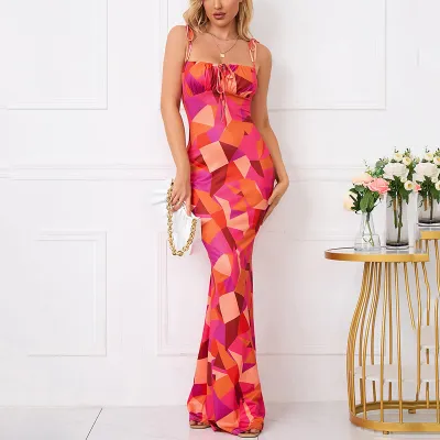 Women Fashion Sexy Floral Printed Spaghetti Strap Backless Lace-Up Slim Fit Long Dress