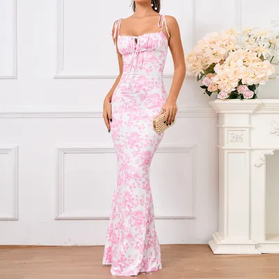 Women Fashion Sexy Floral Printed Spaghetti Strap Backless Lace-Up Slim Fit Long Dress