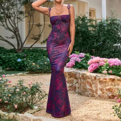 Women Fashion Sexy Floral Printed Spaghetti Strap Backless Lace-Up Slim Fit Long Dress