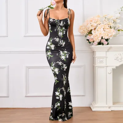 Women Fashion Sexy Floral Printed Spaghetti Strap Backless Lace-Up Slim Fit Long Dress