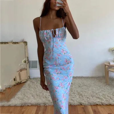 Women Fashion Sexy Floral Printed Spaghetti Strap Backless Lace-Up Slim Fit Long Dress