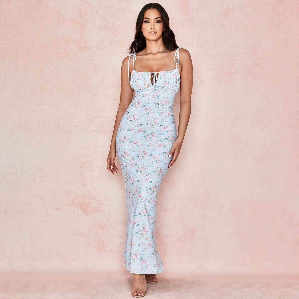 Women Fashion Sexy Floral Printed Spaghetti Strap Backless Lace-Up Slim Fit Long Dress