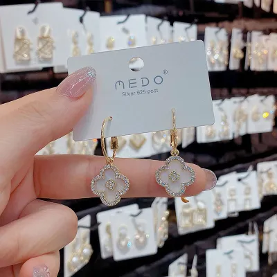 Women Fashion Elegant Four-Leaf Flower Rhinestone Earrings 925 Silver Needle Real Gold Plating
