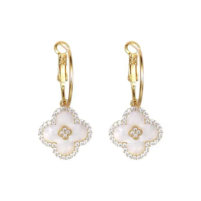 Women Fashion Elegant Four-Leaf Flower Rhinestone Earrings 925 Silver Needle Real Gold Plating