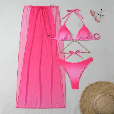 Women Sexy Gradient Mesh Drawstring Strap Bikini Three-Piece Set