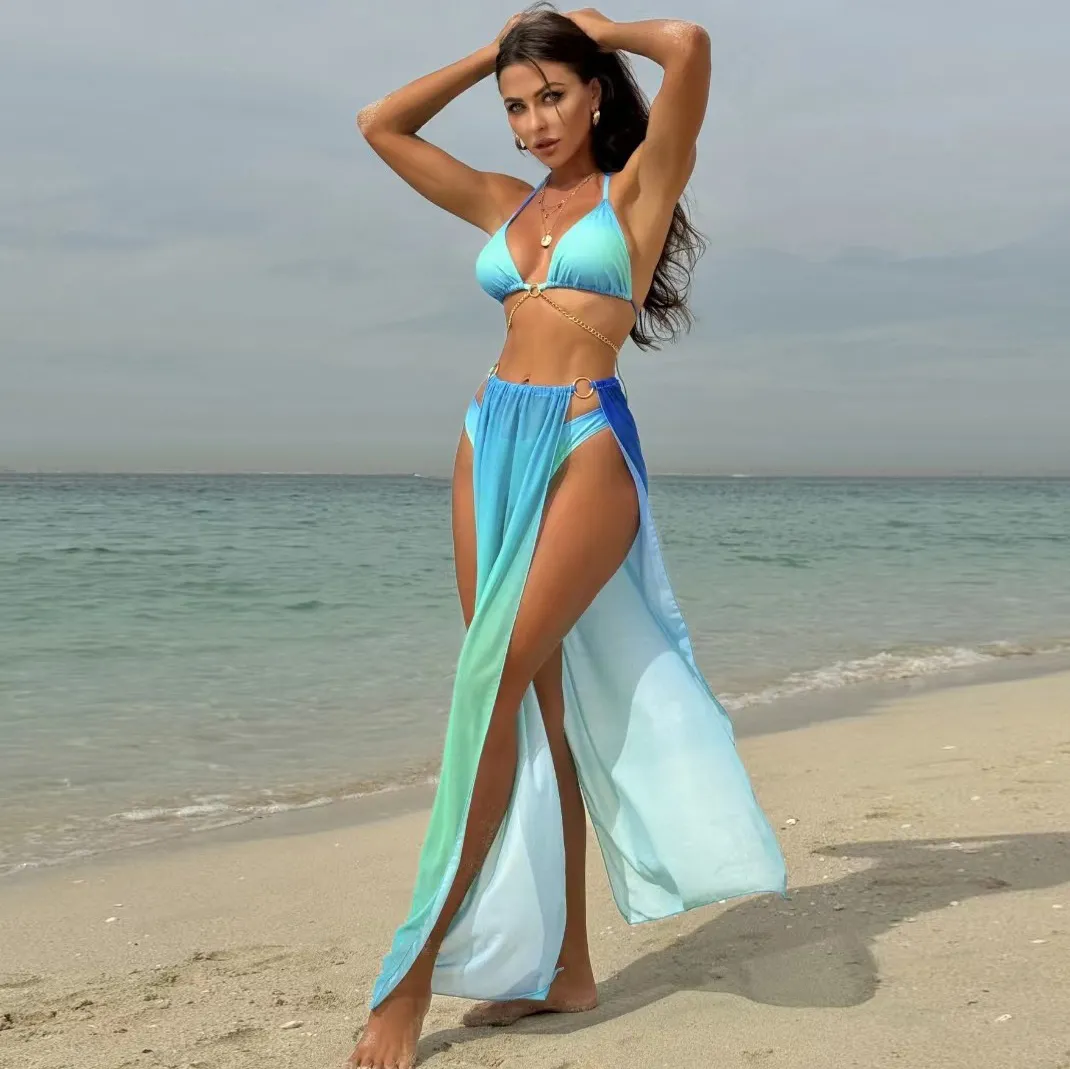 Women Sexy Gradient Mesh Drawstring Strap Bikini Three-Piece Set