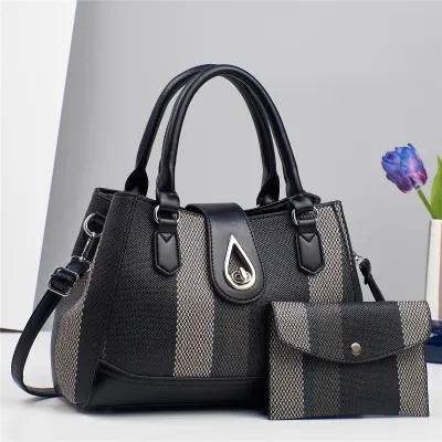 Women Fashion Casual Color Block Large Capacity PU Handbag Two-Piece Set
