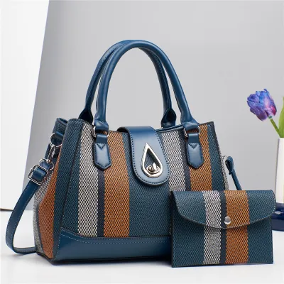 Women Fashion Casual Color Block Large Capacity PU Handbag Two-Piece Set