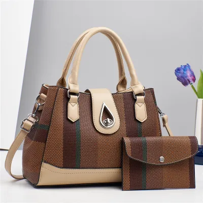 Women Fashion Casual Color Block Large Capacity PU Handbag Two-Piece Set