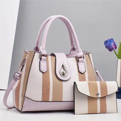 Women Fashion Casual Color Block Large Capacity PU Handbag Two-Piece Set