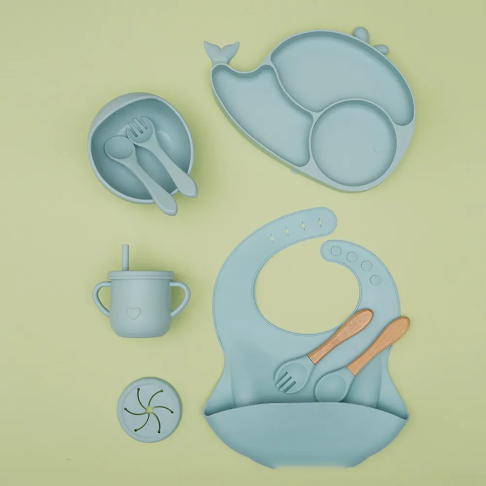 Baby Solid Color Whale Shaped Silicone Anti-Fall Food Grade Dinner Plate 10-Pieces Set
