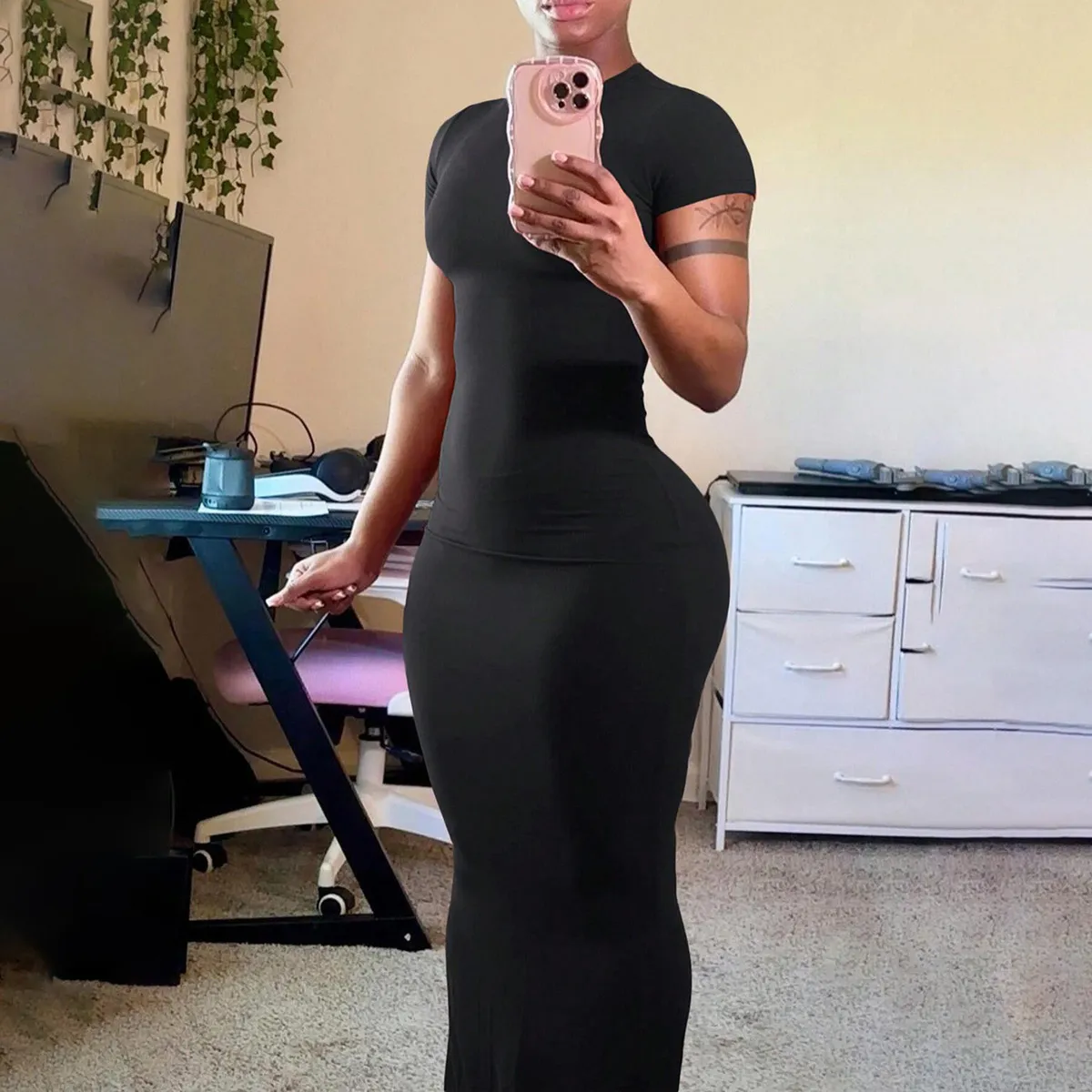 Women Sexy Solid Color Short-Sleeve Slim Fit Maxi Dress