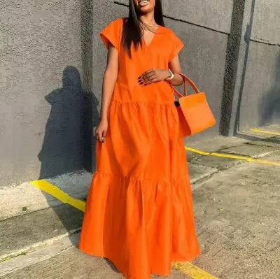 Women Casual Street Hipster Solid Color V-Neck Short Sleeve Maxi Dress