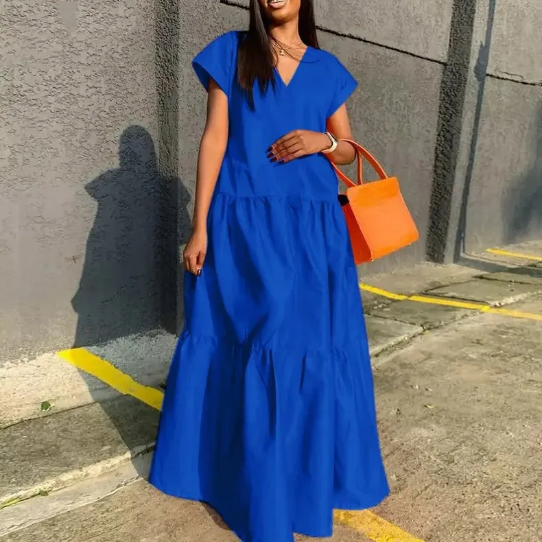 Women Casual Street Hipster Solid Color V-Neck Short Sleeve Maxi Dress