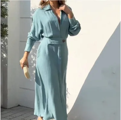 Women Elegant Solid Color Lapel Long-Sleeve Slim-Fit Midi Dress