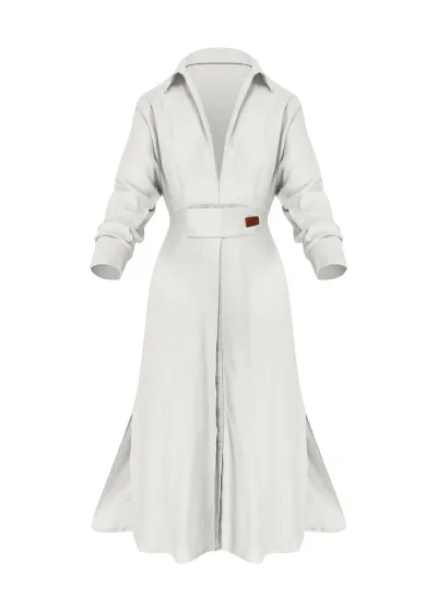 Women Elegant Solid Color Lapel Long-Sleeve Slim-Fit Midi Dress