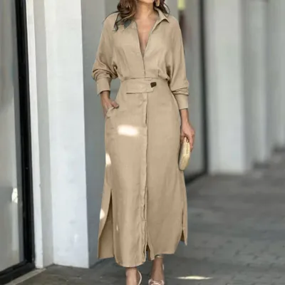 Women Elegant Solid Color Lapel Long-Sleeve Slim-Fit Midi Dress
