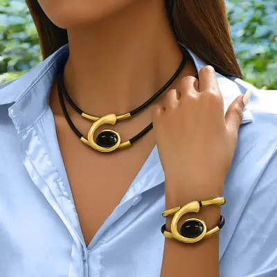Women Casual Boho Vintage Gold & Black Acrylic Necklace Bracelet Set