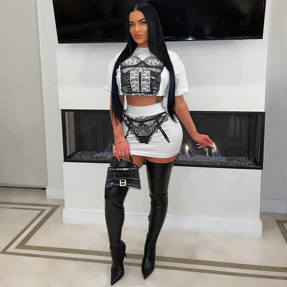 Women Fashion Sexy Printed Round Neck Short-Sleeve Crop Top Tight Skirts Two-Piece Set