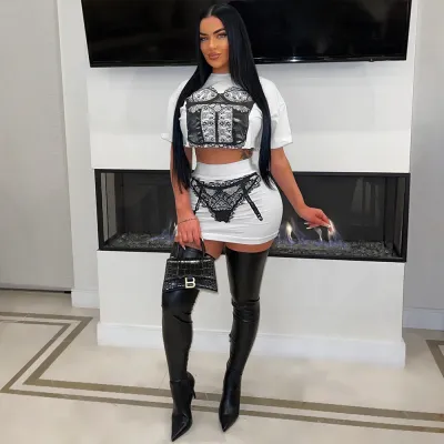 Women Fashion Sexy Printed Round Neck Short-Sleeve Crop Top Tight Skirts Two-Piece Set