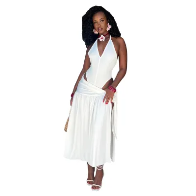Women Fashion Sexy Solid Color Halter-Neck Lace-Up Bodysuits Split Skirt Two-Piece Set