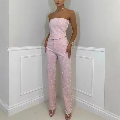 Women Fashion Sexy Solid Color Rhinestone Tube Top Slim Fit Pants Two-Piece Set