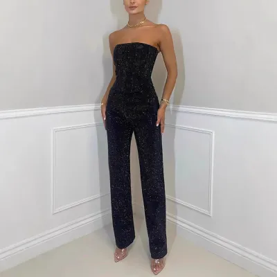 Women Fashion Sexy Solid Color Rhinestone Tube Top Slim Fit Pants Two-Piece Set