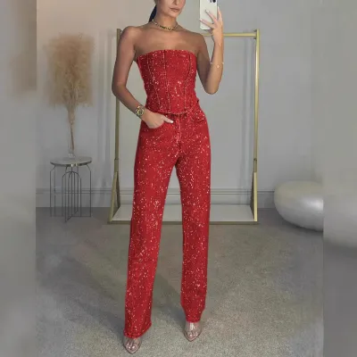 Women Fashion Sexy Solid Color Rhinestone Tube Top Slim Fit Pants Two-Piece Set