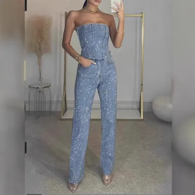 Women Fashion Sexy Solid Color Rhinestone Tube Top Slim Fit Pants Two-Piece Set