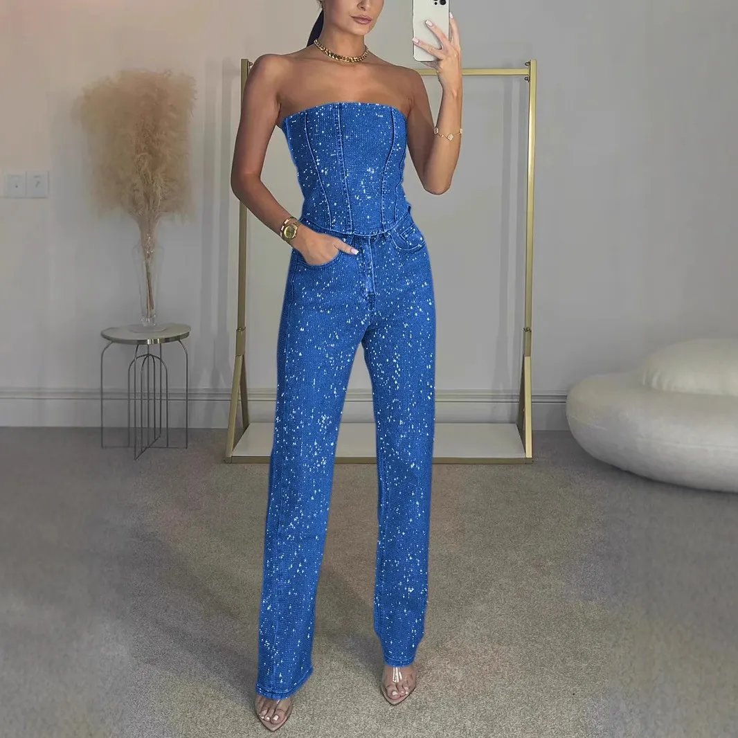 Women Fashion Sexy Solid Color Rhinestone Tube Top Slim Fit Pants Two-Piece Set