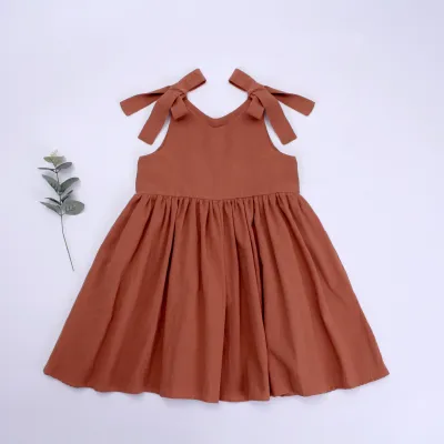 Nordic Simple Style Solid Color Cotton Soft Girls Summer Sling Dress with Ruffled Skirt