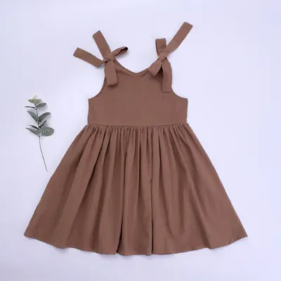 Nordic Simple Style Solid Color Cotton Soft Girls Summer Sling Dress with Ruffled Skirt