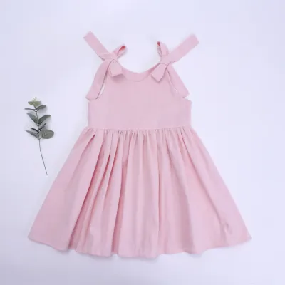 Nordic Simple Style Solid Color Cotton Soft Girls Summer Sling Dress with Ruffled Skirt