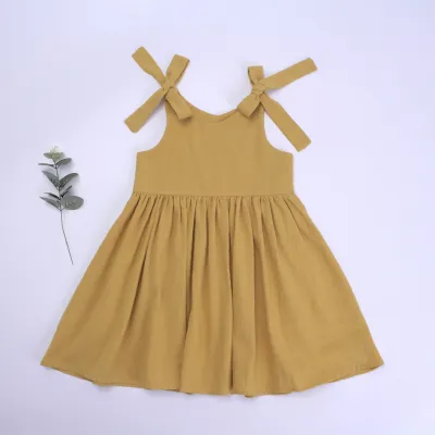 Nordic Simple Style Solid Color Cotton Soft Girls Summer Sling Dress with Ruffled Skirt
