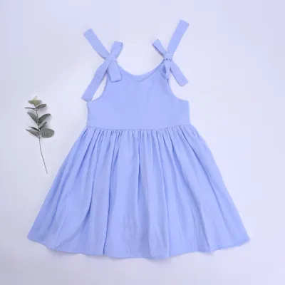 Nordic Simple Style Solid Color Cotton Soft Girls Summer Sling Dress with Ruffled Skirt