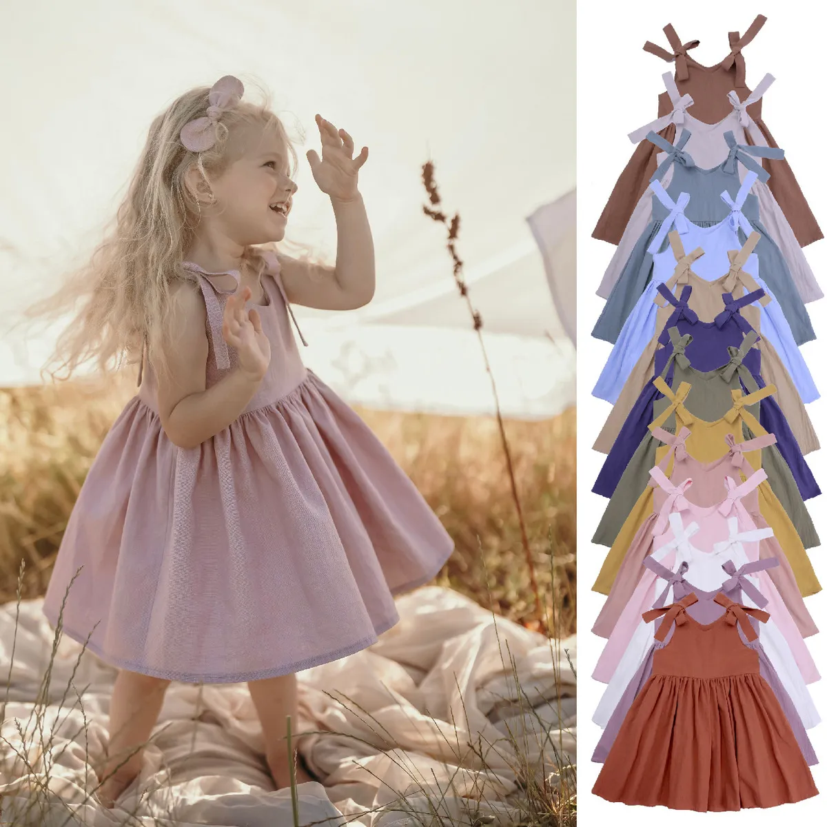 Nordic Simple Style Solid Color Cotton Soft Girls Summer Sling Dress with Ruffled Skirt
